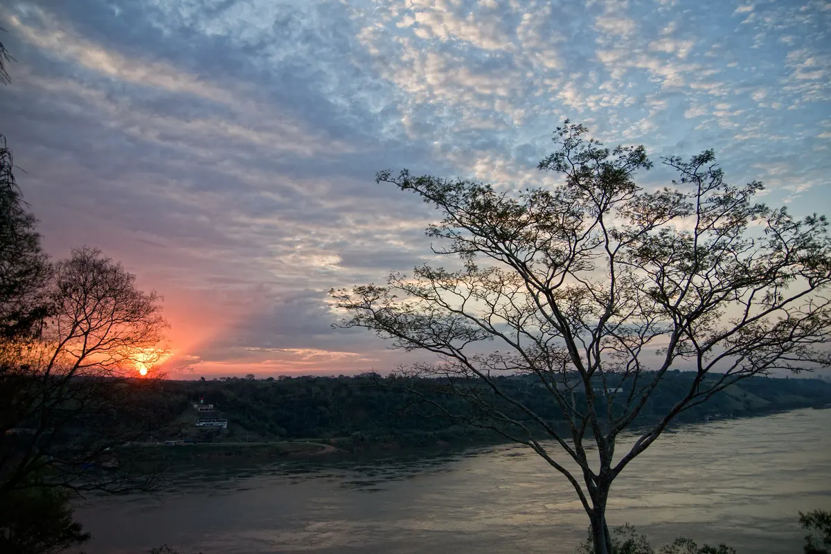 Sunset over the river at the Hito Tres Fronteras in Puerto Iguazú, with a bare tree against a streaky sky